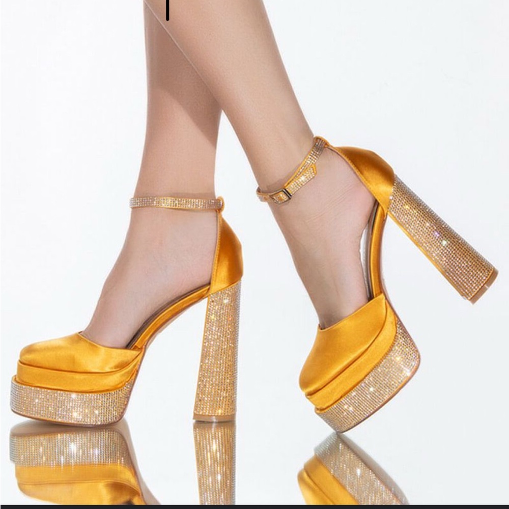 Glamorous Gold Satin Platform Heels
